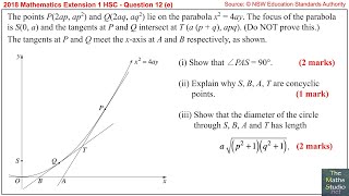 2018 HSC Maths Ext1 Q12e Solve parabola problem with parametric equations & circle geometry