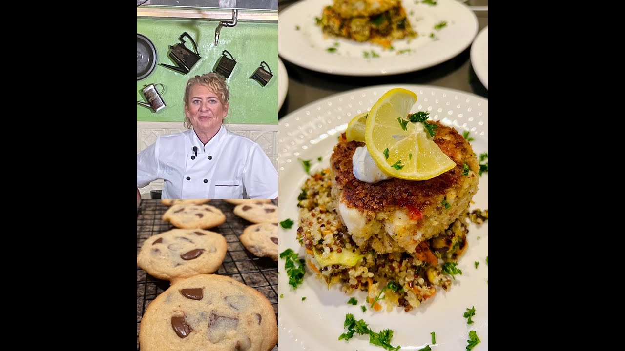 Crab Cake with Quinoa Salad and Brown Butter Choc Chip Cookies