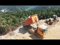 Amazing Engineering High Mountain Road Construction Technology Truck Dumping Stone Dozer Pushing