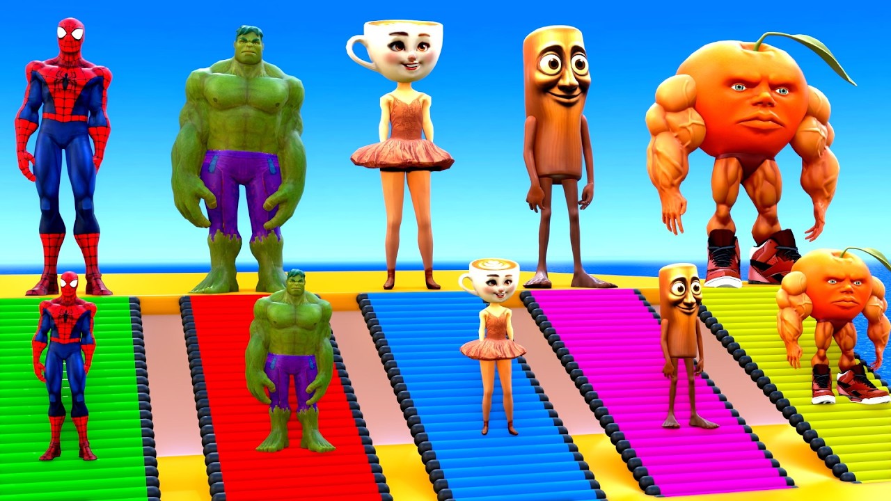 Playing as Spiderman in Long Slide Game With Cow Elephant Gorilla Hippo Tiger Funny 3d Animal Game