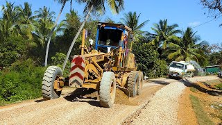 Excellent Komatsu Motor Grader Operator Skill Pushing Gravel for Village Road Foundation Building