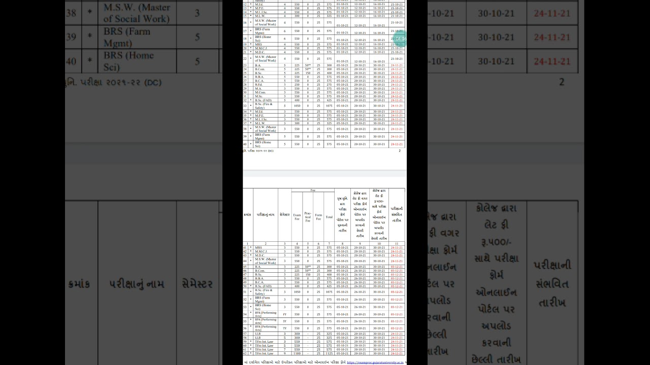 Gujarat university change exam date declare 30/10 change 24/11 and 3 /12/21,form last date late fee