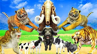 5 Giant Lion Attack 5 Dinosaur Zombie Fight Baby Cow Buffalo Saved By 3 Woolly Mammoth Elephant