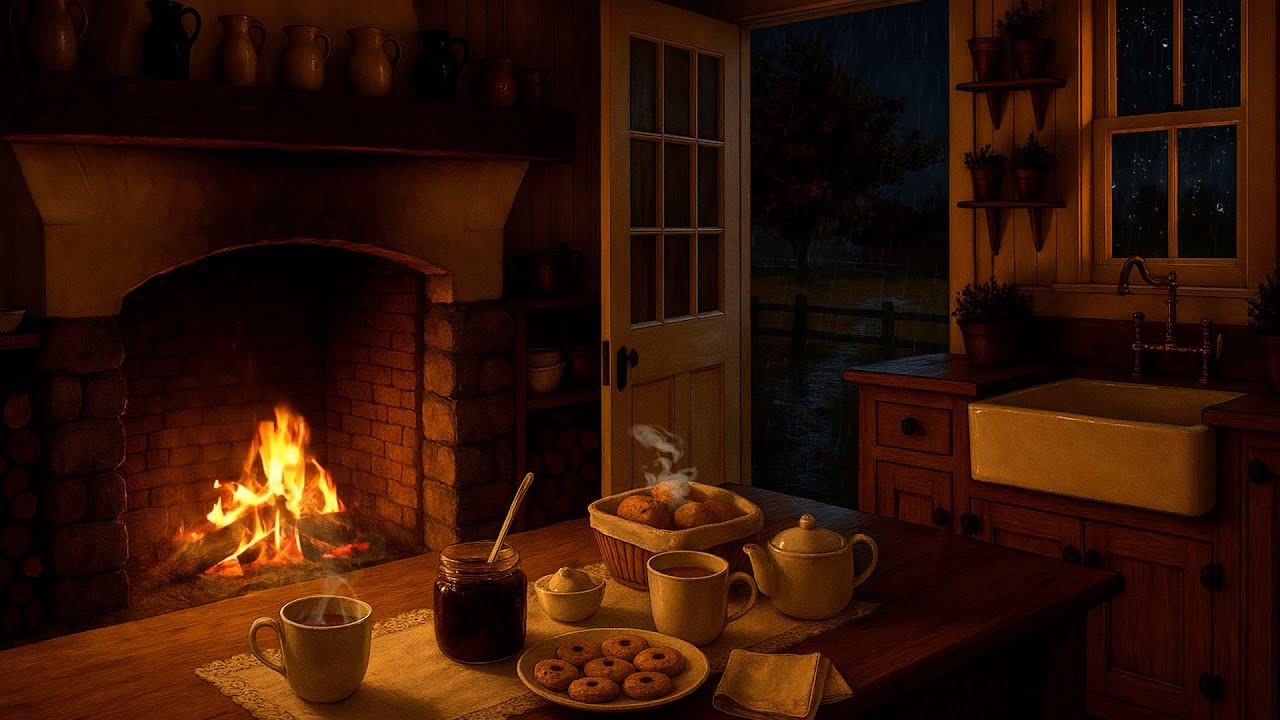 Warm Autumn Kitchen Ambience 🍂🔥 | Cozy Cooking, Night Rain & Fireplace Sounds