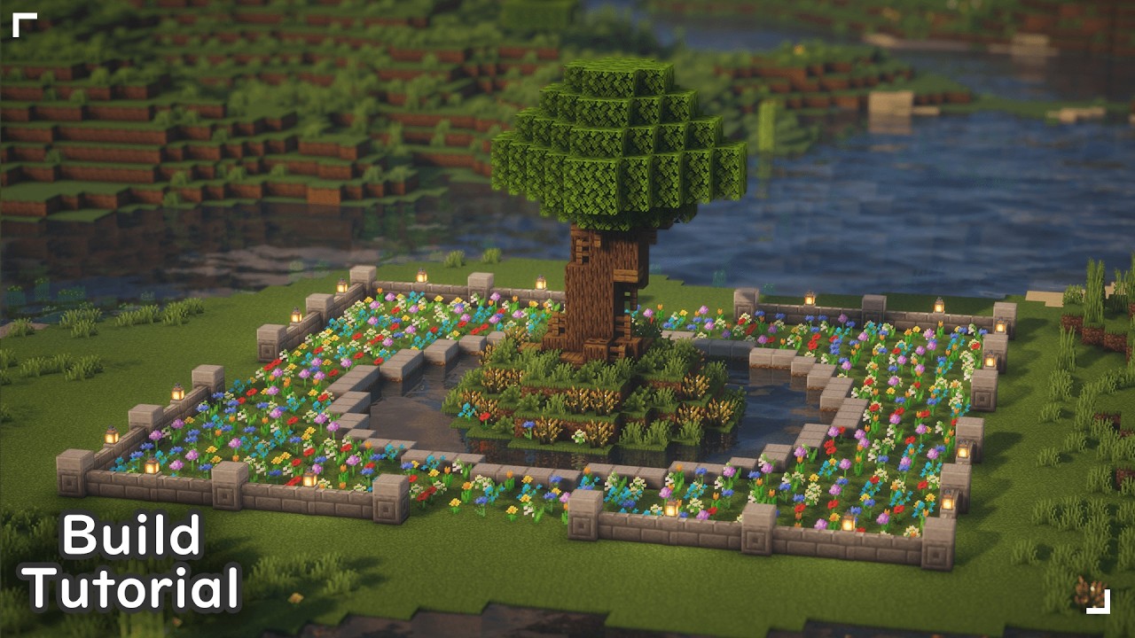 🌲 Tree on a Pond Around a Bed of Flowers 🌼 | Minecraft Tutorial