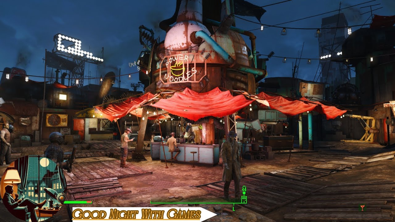 Fallout 4 Ambience: You Are In Downtown Diamond City At A Bar On A Quiet Night With Radio Music.