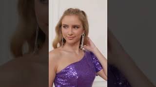 Purple One Shoulder Puff Sleeves Sequined Cocktail Dress