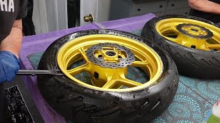 HOW TO BREAK THE TIRE BEAD ON MOTORCYCLES TWO WAYS SHOWN.