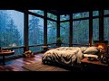 Sleep well with sounds showers and thunder echoed on quiet bedroom window in foggy forest at night