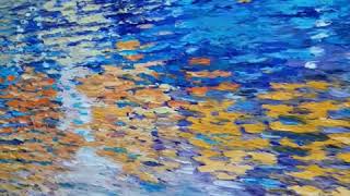 Palette knife painting My World. Fall birch trees reflection in the water