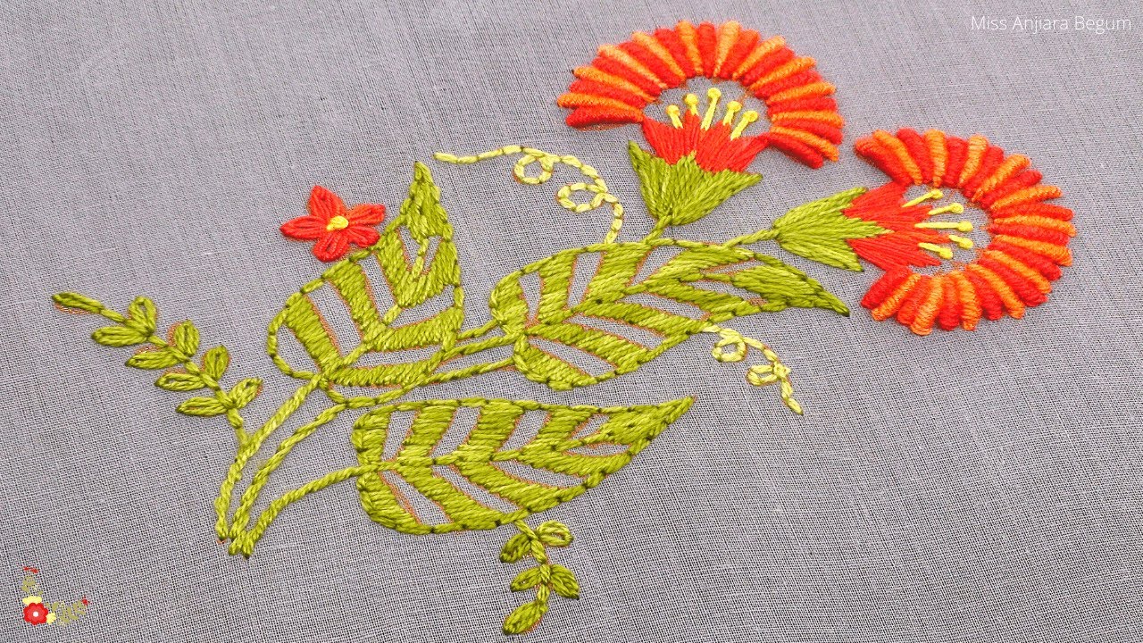 Tutorial on Flower embroidery, Easy Flower Embroidery for Beginners, Leaf Embroidery Tutorial-477