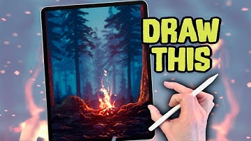 PROCREATE DRAWING Tutorial Landscape in EASY Steps - Forest Camp Fire