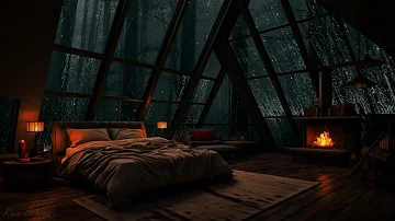 Heavy Rain Storm outside a Cozy Attic Bedroom w/ Burning Firewood🔥| Rain Sounds for Sleeping 💤