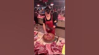 POV Female Butcher Cutting Pork — Real-Time Chinese Meat Market Skills