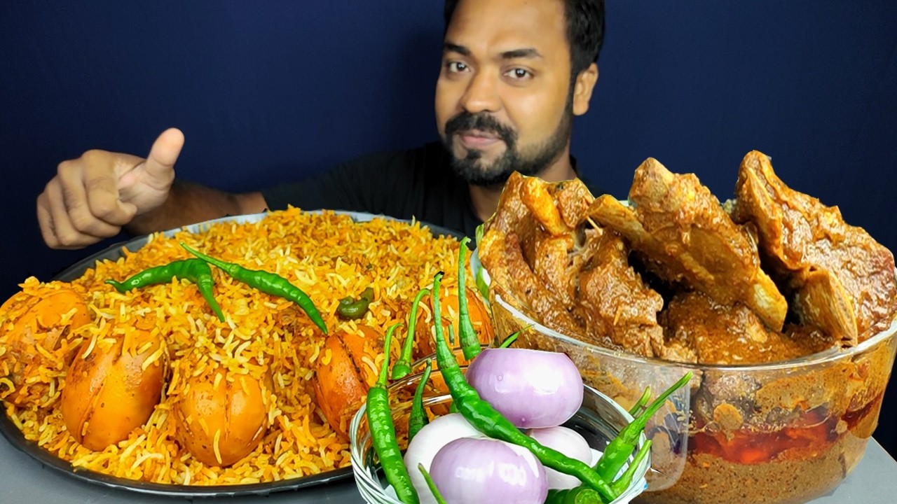 Spicy Mutton Curry, Egg Dum biryani, Aloo, Onion, Salad, Chili ASMR MUKBANG Eating Show | Big Bites