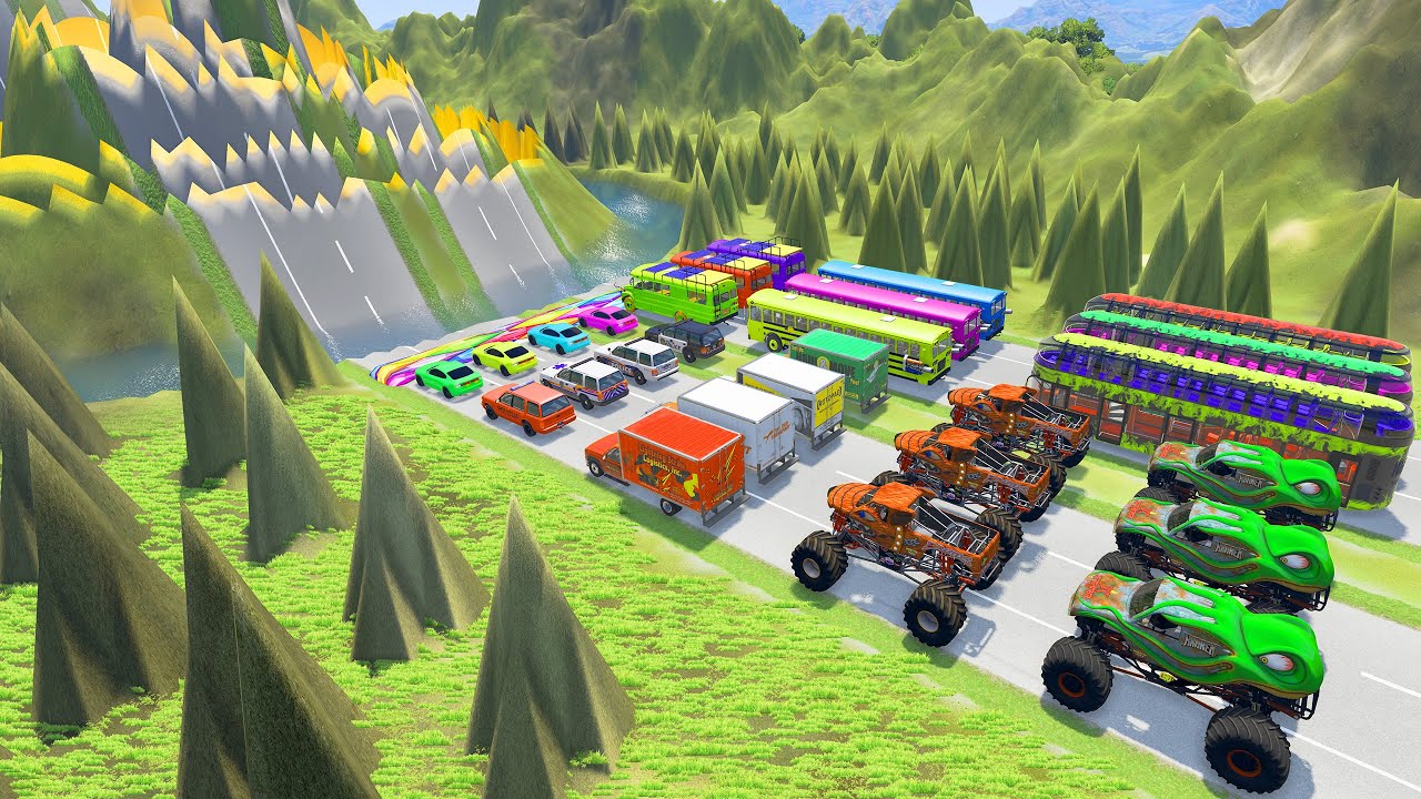 Decker Bus and Monster Trucks & Series Car High Speed With Speed Bump Lava Pit -HT Gameplay Official
