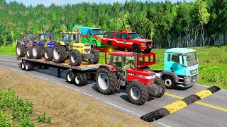 Double Flatbed Trailer Truck vs speed bumps|Busses vs speed bumps|Beamng Drive|20