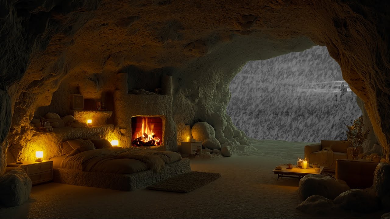 Cave with Falling Snow & Fireplace Burning | Crackling Fire Sounds, Howling Wind for a Good Sleep