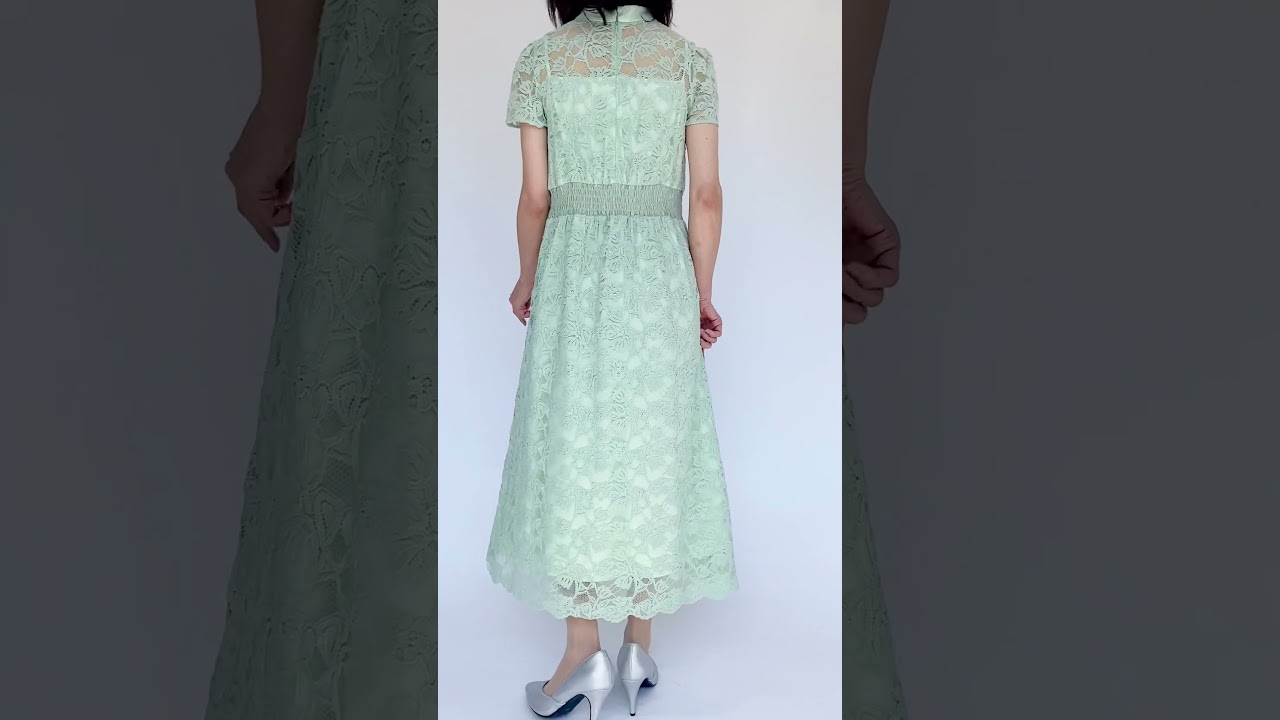 専用　購入不可フード付きミントグリーンフレアドレス ミントグリーンのフローラルレースハイネックドレス[M] REPLETEの