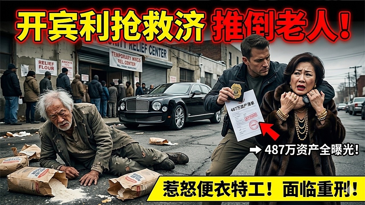 华人阔太开宾利抢救济粮！嚣张插队惹众怒，特工亮出徽章，隐匿房产全被查封…