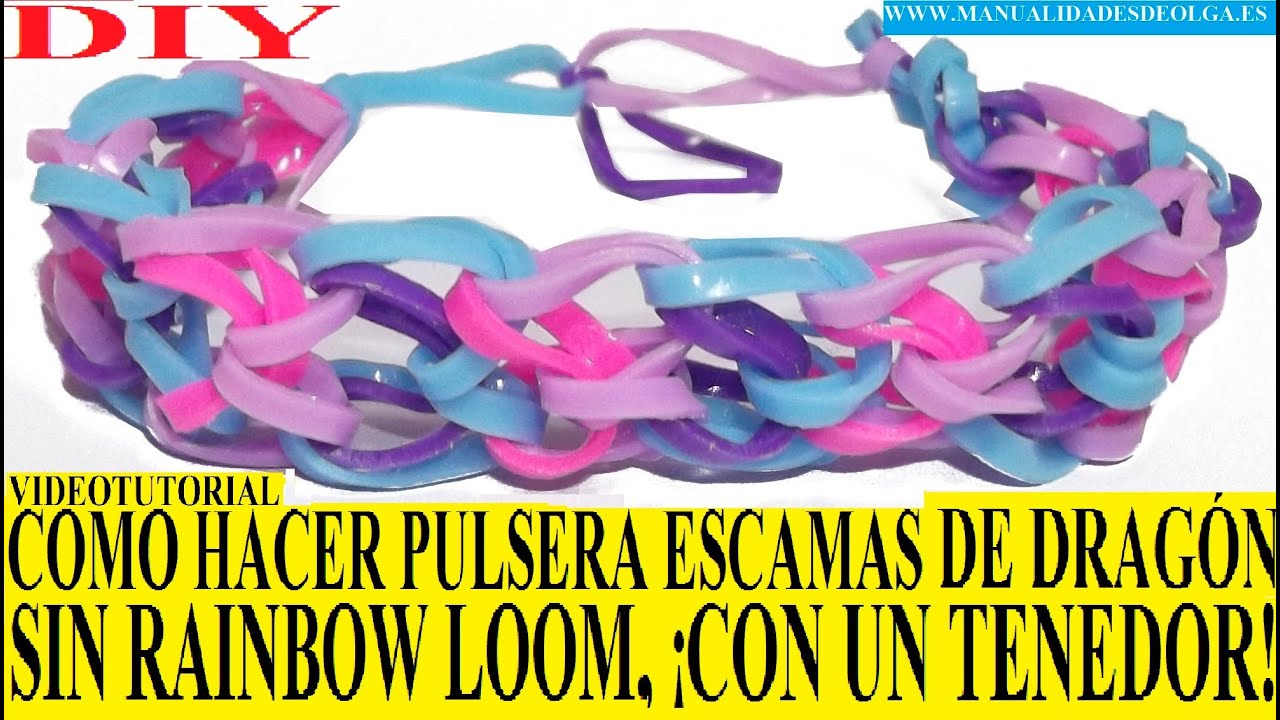 COMO HACER PULSERA ESCAMAS DE DRAGON DE GOMITAS ¡CON UN TENEDOR! SIN TELAR TUTORIAL ESPAÑOL DIY