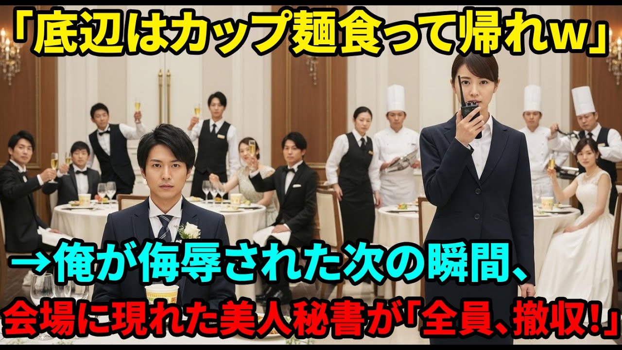【スカッと】結婚式で俺の席だけカップ麺。エリート同僚「底辺はそれ食って帰れw」と嘲笑した直後、俺の美人秘書が現れ「会長の命令です。全員撤収してください」→会場がパニックにw【感動する話】