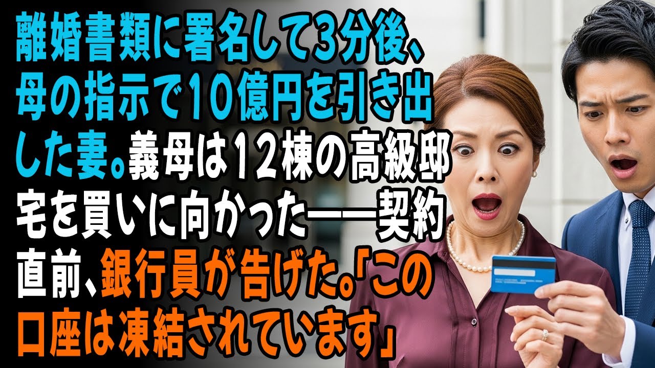 離婚書類に署名して3分後、母の指示で10億円を引き出した妻。義母は12棟の高級邸宅を買いに向かった——契約直前、銀行員が告げた。「この口座は凍結されています」