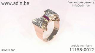 Typical bi-color gold Retro bow ring set with diamonds and rubies (11158-0012)