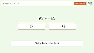 Solve 9x+33=-30: Linear Equation Video Solution