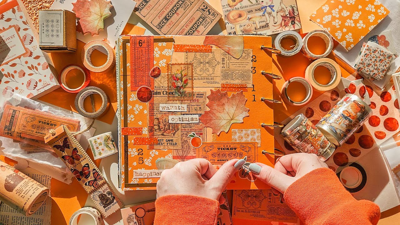 ASMR Scrapbook With Me | Orange Theme | Relaxing Stationery Sounds | No Talking