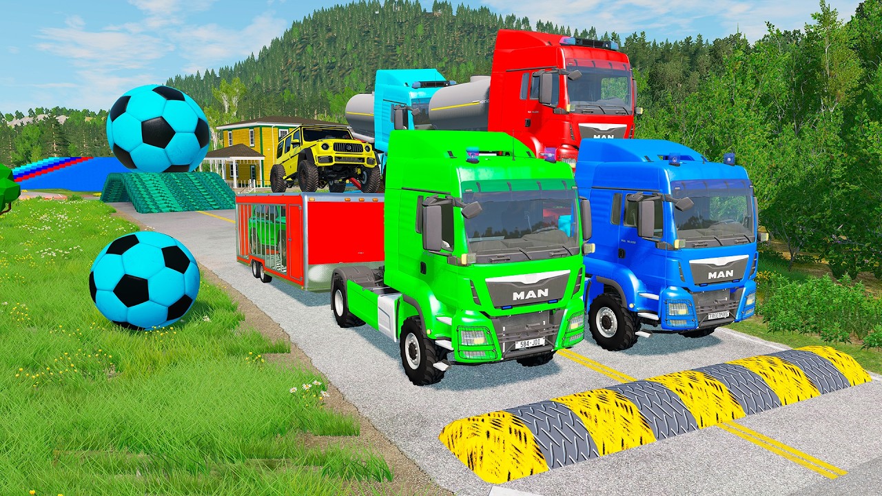 Flatbed Trailer McQueen Transportation with Truck - Speedbumps vs Cars vs Train - BeamNG.Drive 0157