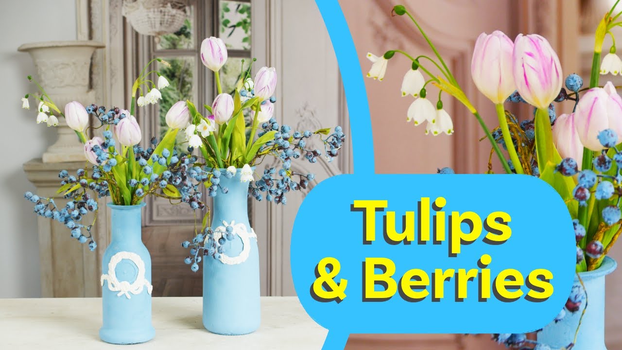 Floristry Tutorial: Tulips & Berries into Blue Wedgewood Bottles