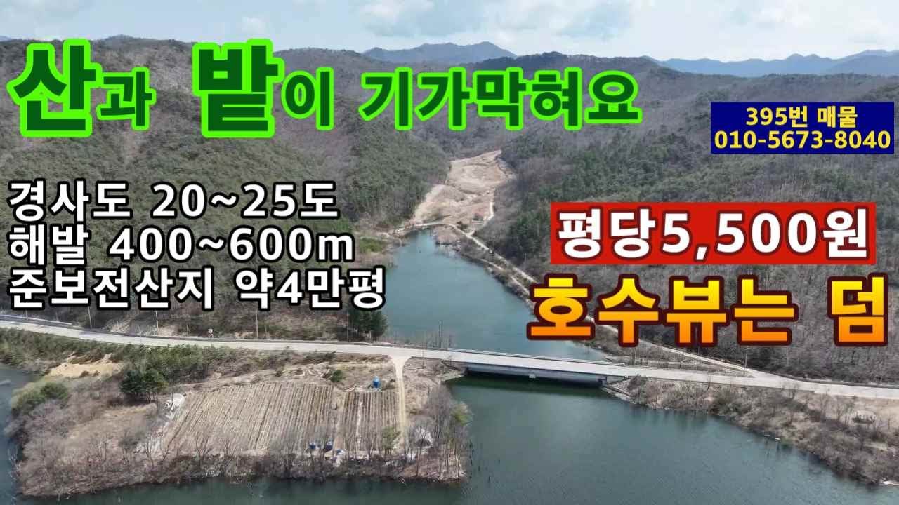 ( 395번 매물 )평당5,500원.경사도 20~25도.아름다운 호수 조망권 일품.지적도상 8m 이상 도로 접.밭과 대형 임야.총19만평.준보전산지가 전체면적의 20% 점유.