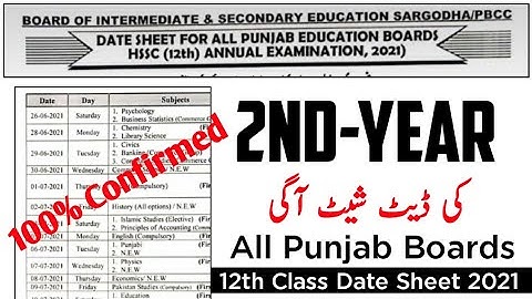 2nd Year Punjab Board Date Sheet 2021 | 12th Class Date Sheet 202(Note:- Not Confirmed Date Sheet)