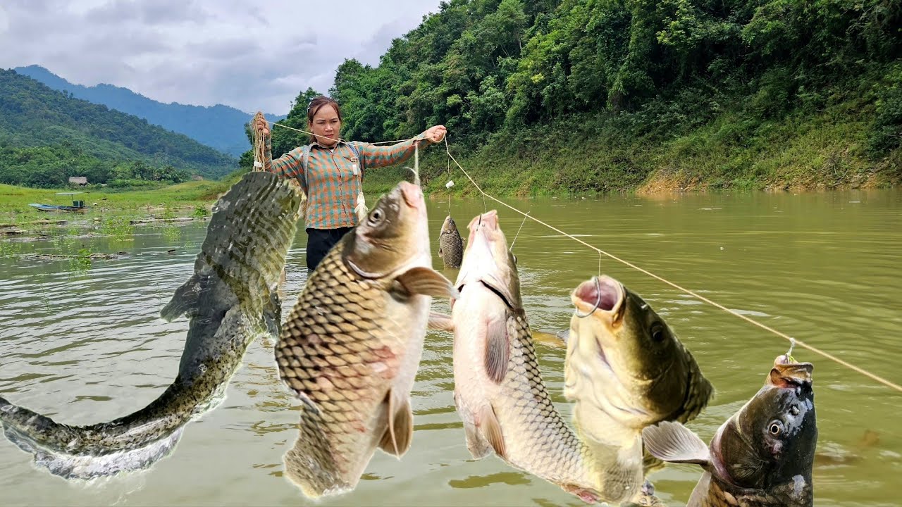 Traditional Fishing Skills - Single Mother Catches Giant Fish in Natural Lake
