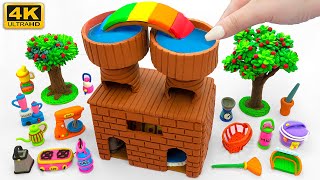How To Make Beautiful Miniature Clay House with Double Rooftop Pool, Rainbow Slide and Kitchen Set