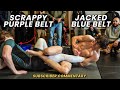 Ripped blue belt almost breaks purple belts leg