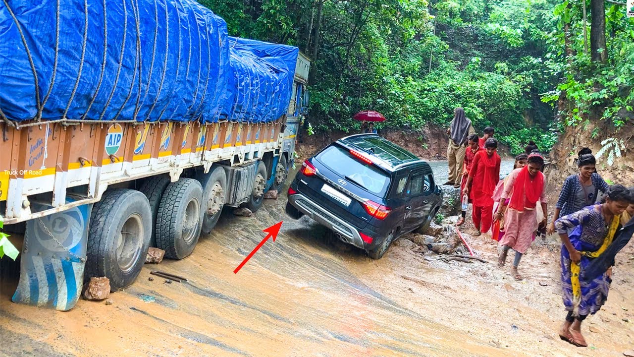Heavy Loaded Truck Spring Leaf Broken at Dangerous Hairpin Bend - 24-Hour Traffic Jam - Truck Videos