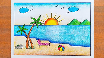 Summer Season Drawing / How to Draw Sea Beach Scenery Easy Step By Step / Beach Scenery Drawing