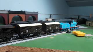 Bachmann Edward pulling cattle wagons and Brakevan