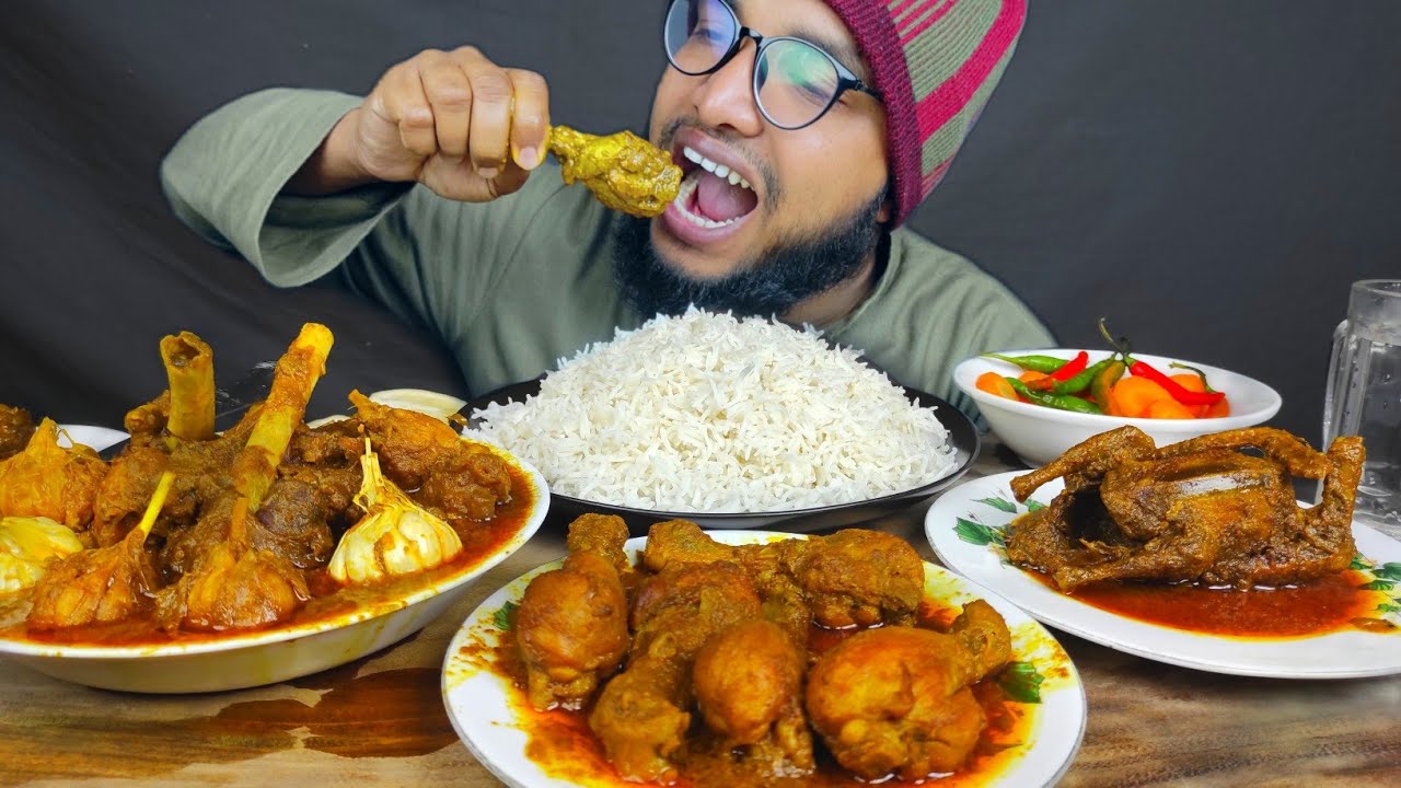 EATING GARLIC MUTTON CURRY AND PIGEON BHUNA , CHICKEN LEG PIECE CURRY WITH BASMATI RICE EATING SHOW