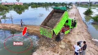 Full Video, Bulldozer KOMATSU DR51PX Push Soil & Stone Into Water, Dump Truck Unloading