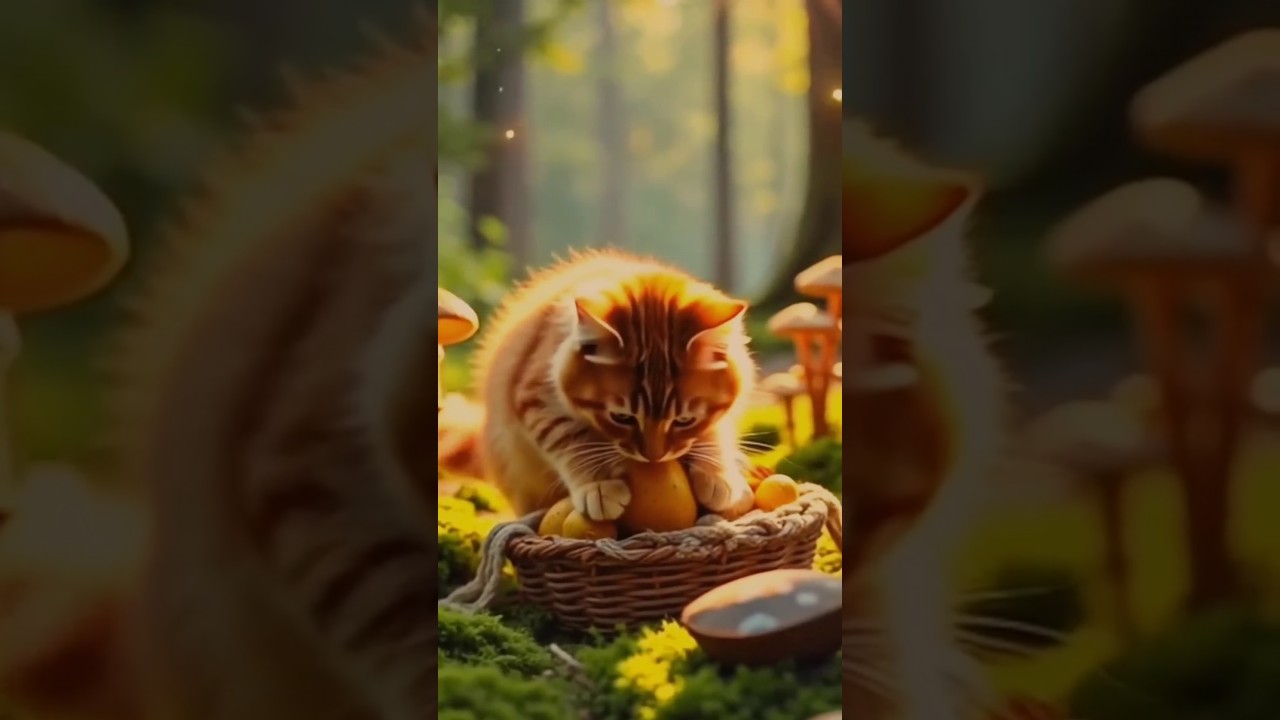 cat walking gently through a magical forest