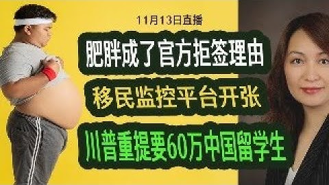 11月13直播：太离谱，肥胖是官方美签拒绝的理由了；移民监控平台投入使用了；佛州大学不能再雇H-1B了？川普重提需要60万中国留学生；10043滥用拒绝中国留学生，唱的哪一出？