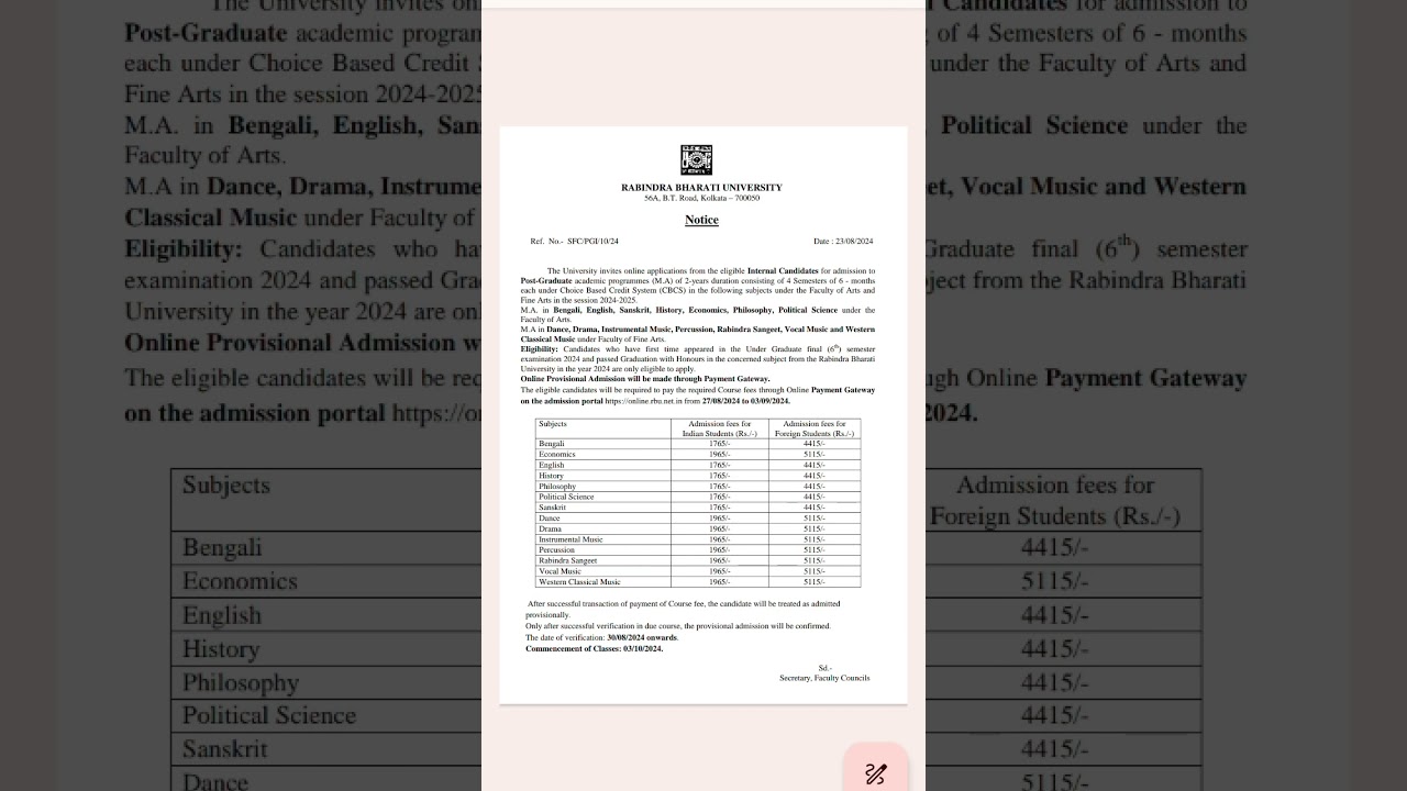 Rabindra Bharati University Regular admission fees