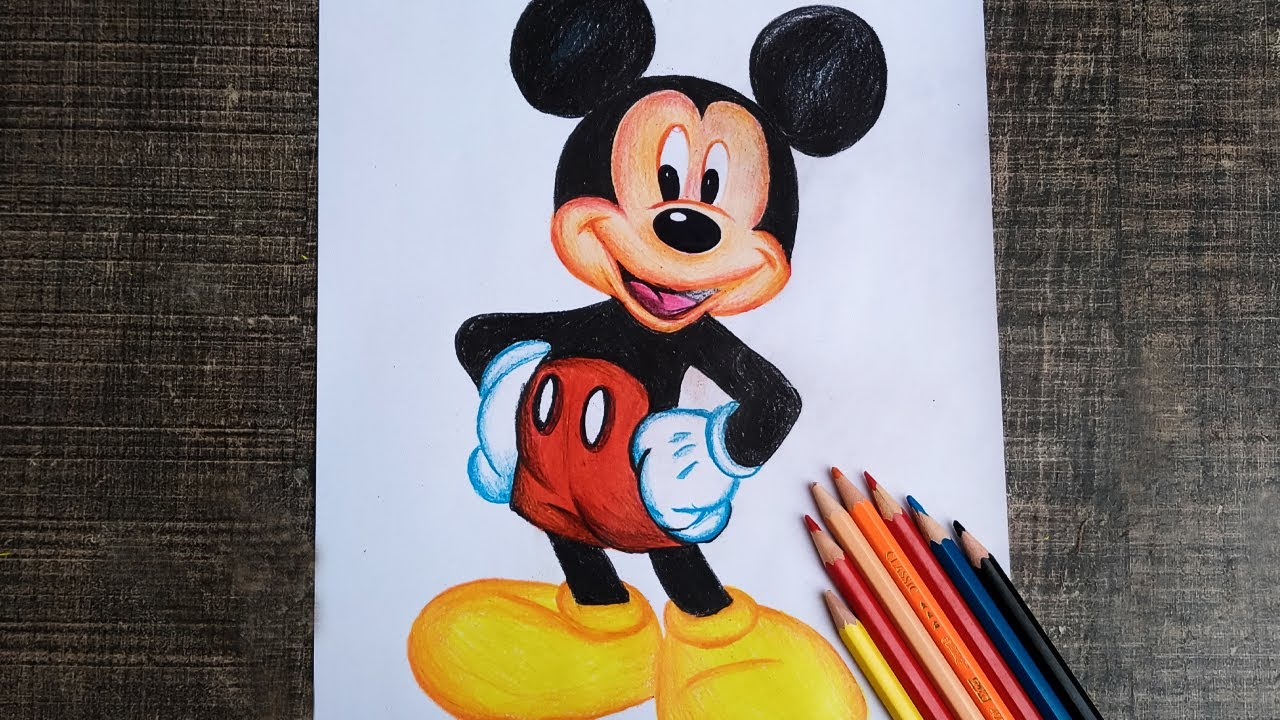 Mickey Mouse Disney Cartoon Character Drawing with coloured pencil - YouTube