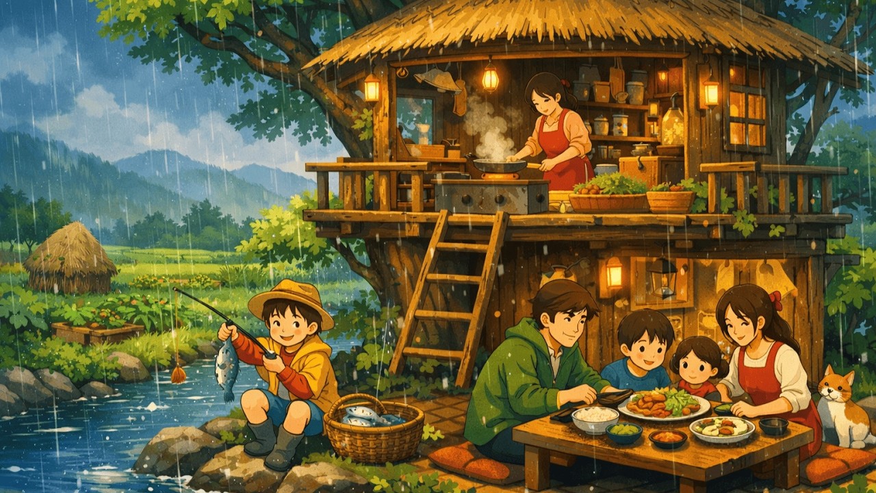 Living in a Tree House During Rain | Catching Fish & Cooking Dinner