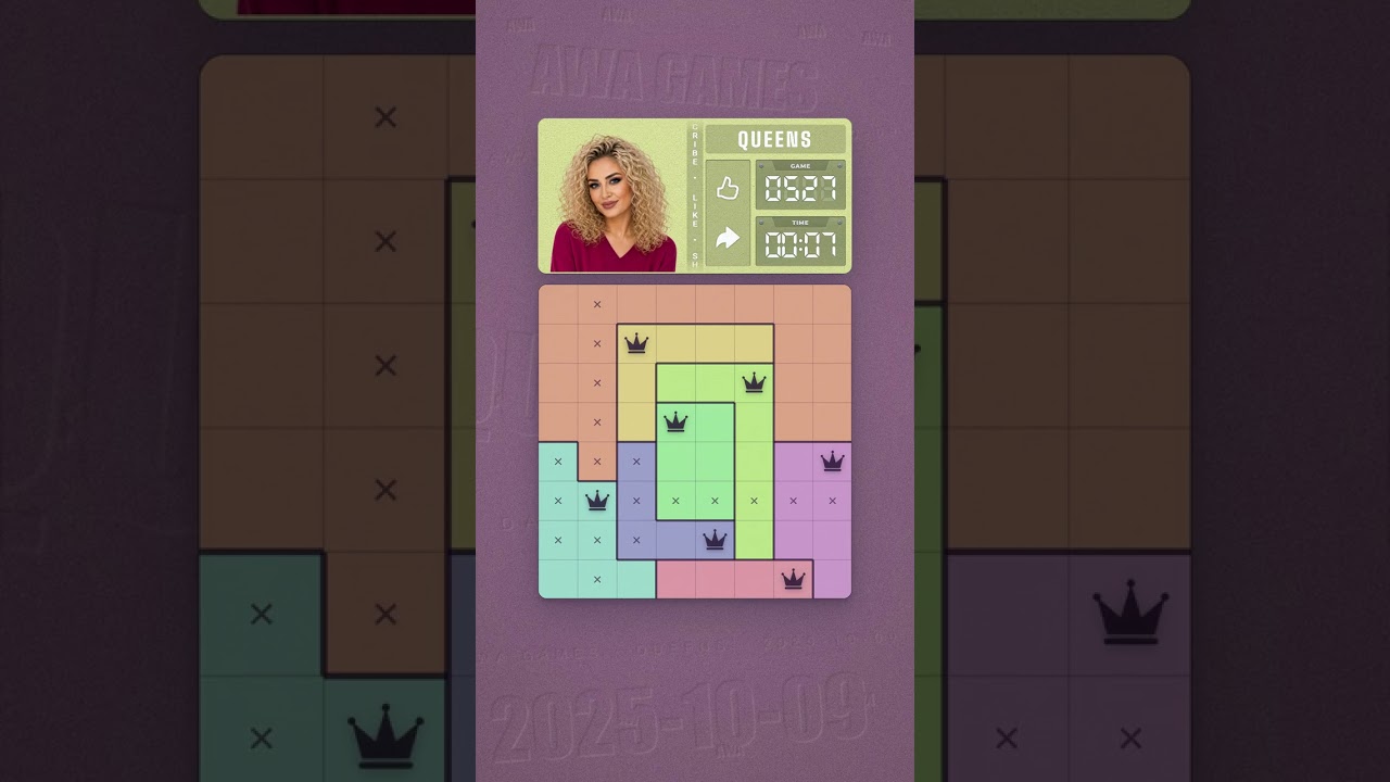 LinkedIn Queens #527 solved board for October 9, 2025, 8x8 grid