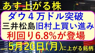 あす上がる株　2024年５月２０日（月）に上がる銘柄　信越化学の自社株買い、住石の連騰、ＭＳ＆ＡＤ、東京海上、ＳＯＭＰＯが決算予定、三井松島～最新の日本株での株式投資。高配当株やデイトレ情報も～