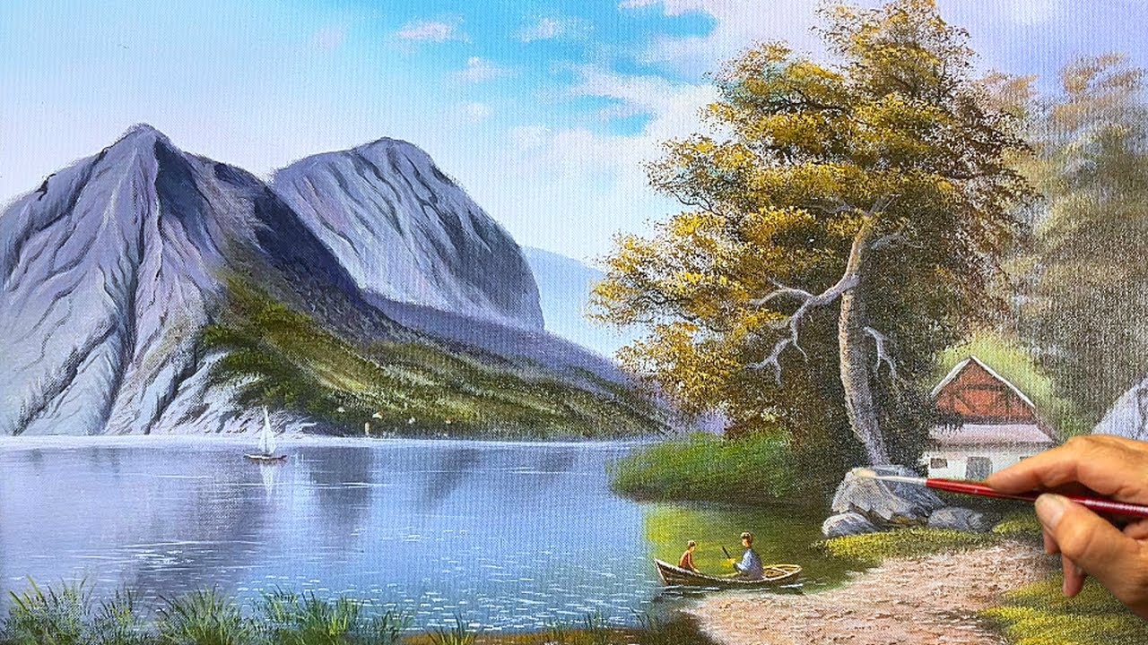 How to Draw Landscape Painting “#70” / Lakeside Cabin & Mountain